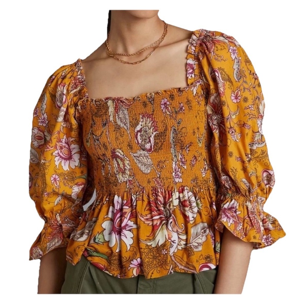 Anthropologie Conditions Apply Floral Smocked Babydoll Top Large Petite‎ *NEW*